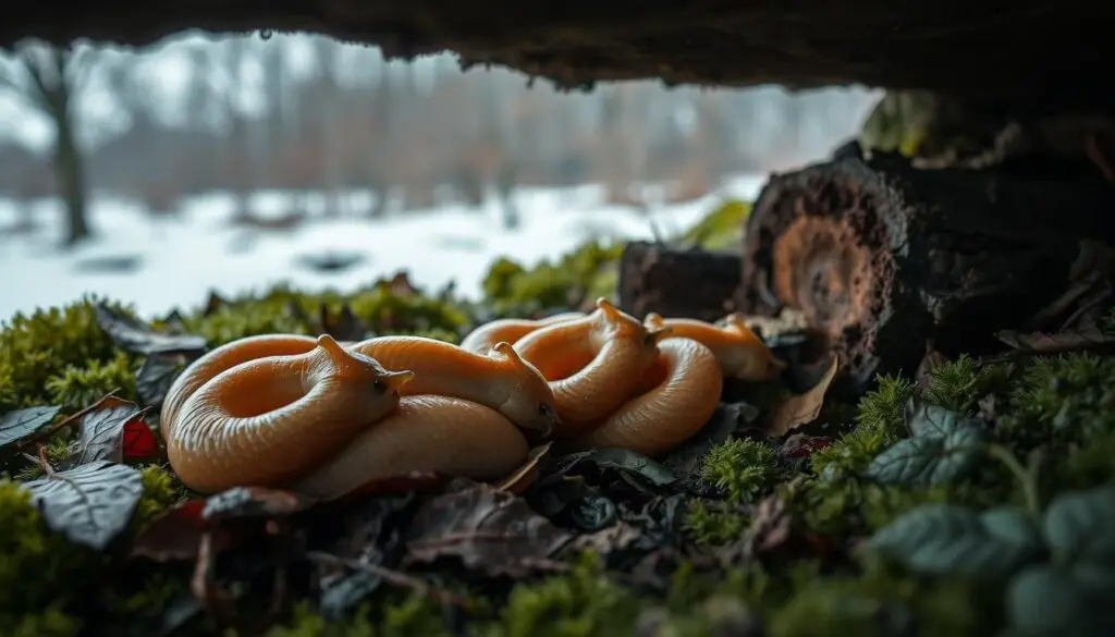 A cozy, dimly lit winter scene of a group of slugs nestled in their hibernation habitat. The foreground features the slugs themselves, their soft, slimy bodies glistening with moisture as they huddle together for warmth, their exposed skin blending seamlessly with the damp, mossy substrate. The middle ground showcases the sheltered microclimate they've chosen, with a lush carpet of fallen leaves, rotting logs, and damp soil providing insulation and protection from the harsh elements. In the background, a gently blurred landscape of bare trees and a muted, overcast sky conveys the chilly, dormant atmosphere of the winter season. Soft, ambient lighting casts a muted, naturalistic glow, capturing the slugs' vulnerable, yet peaceful state of dormancy.
