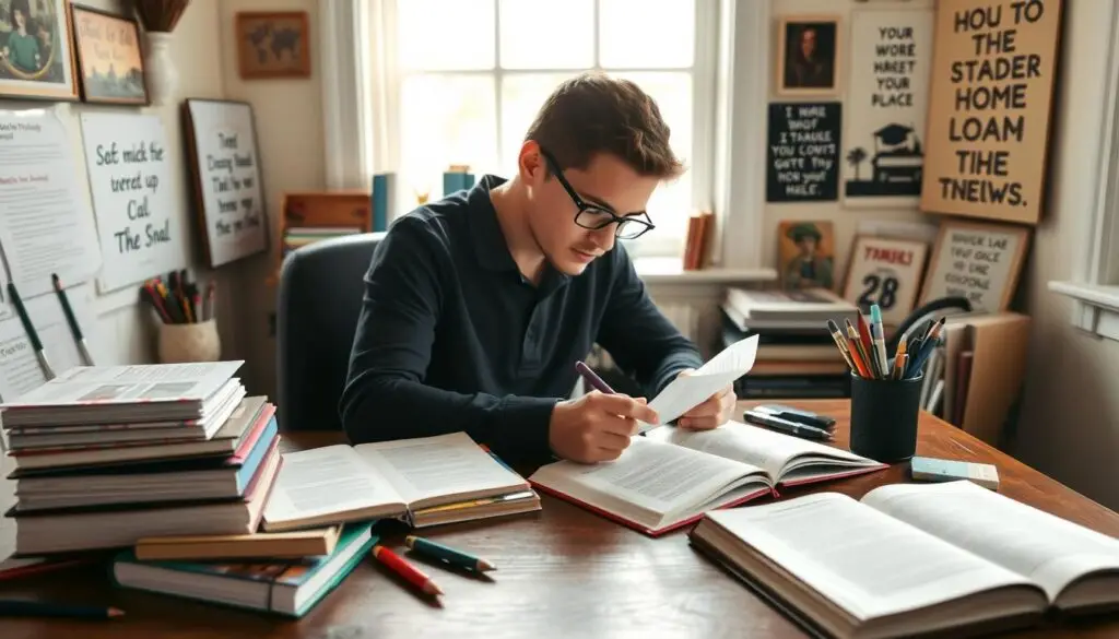 A cozy home study, soft natural lighting filtering through a nearby window. On a sturdy wooden desk, meticulously organized textbooks, notebooks, and stationery. A student, focused and determined, pores over their notes, preparing for the upcoming homeschool exams. Inspirational quotes and learning aids adorn the walls, creating an atmosphere of intellectual curiosity and dedication. The room exudes a sense of tranquility and diligence, reflecting the student's commitment to their educational journey in the comfort of their own home.