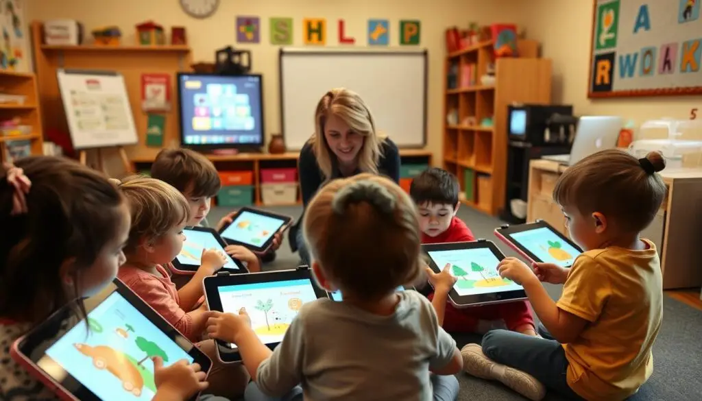 A cozy, well-equipped preschool classroom with a vibrant and engaging digital learning environment. In the foreground, a group of young children explore interactive educational apps on touchscreen tablets, their faces lit by the soft glow of the screens. In the middle ground, the teacher, a warm and nurturing figure, guides the students, demonstrating how to navigate the digital tools. The background showcases a variety of educational technologies, from a large interactive whiteboard to a 3D printer, all seamlessly integrated into the learning space. The overall atmosphere is one of curiosity, collaboration, and a deep commitment to fostering digital competencies in the early years.
