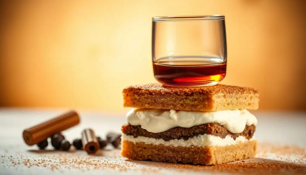 A decadent arrangement of a glass filled with rich, amber-hued amaretto liqueur, delicately poised atop a slice of classic tiramisu. The liqueur casts a warm, inviting glow, hinting at the depth of flavor it will lend to the traditional Italian dessert. Soft lighting from above illuminates the creamy mascarpone and coffee-soaked ladyfingers, creating a sumptuous, velvety texture. The scene exudes an air of sophistication and indulgence, capturing the essential role amaretto plays in elevating the timeless tiramisu.