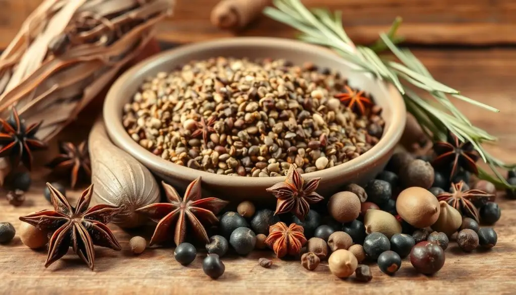 A delicate arrangement of fragrant spices for a classic Polish duck broth, nestled against a backdrop of rustic wooden surfaces. In the foreground, a selection of whole spices - fragrant star anise, peppercorns, bay leaves, and allspice berries - artfully scattered. In the middle ground, a shallow bowl filled with a blend of ground spices, including marjoram, dill, caraway, and a hint of celery seed. The lighting is soft and warm, casting gentle shadows that accentuate the textures and hues of the ingredients. The overall mood is one of culinary expertise and the comforting aroma of a simmering duck broth, inviting the viewer to imagine the depths of flavor that these carefully selected spices will impart.