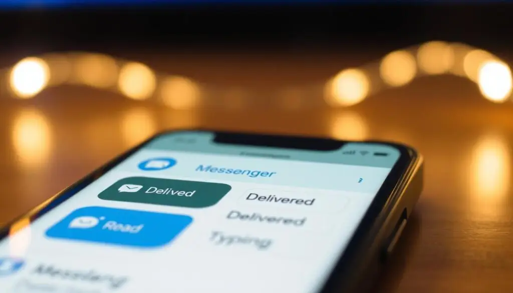 A detailed and visually striking illustration of the Messenger app's message status indicators. A smartphone display shows various message statuses like "Sent", "Delivered", "Read", and "Typing" against a blurred background of the Messenger chat interface. Warm, diffused lighting and a shallow depth of field create a sense of depth and focus on the message status indicators. The image conveys the idea of understanding and interpreting these status updates to determine the state of your messages in the Messenger app.