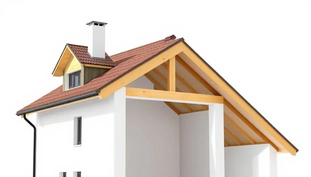 A detailed architectural diagram showcasing the roof pitch angle, or "kąt nachylenia dachu". The scene features a cutaway view of a house, with a precise technical illustration of the roof structure. The image should emphasize the angular design, using clean lines, sharp contrasts, and a neutral color palette to highlight the technical elements. Lighting should be bright and evenly distributed, with a slightly elevated camera angle to provide an optimal view of the roof slope. The overall mood should be informative and technical, suitable for an educational article on roof construction.