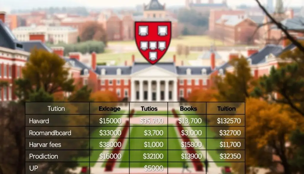A detailed breakdown of the costs associated with studying at Harvard University, presented against a backdrop of the iconic Harvard campus buildings. The foreground depicts a neatly organized table or infographic showcasing the various expense categories, such as tuition, room and board, books, and other fees, with clear numerical values for each. The middle ground features a picturesque view of the Harvard Yard, with the Harvard University seal prominently displayed. The background is softly blurred, emphasizing the detailed financial information in the foreground. The overall mood is one of academic excellence, precision, and financial transparency, reflecting the subject matter of the image.