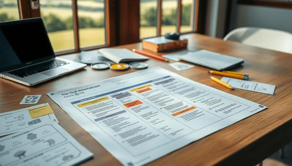A detailed educational plan for a child with aphasia, laid out on a wooden desk with tactile learning materials, visual aids, and a laptop. The plan is neatly organized into sections, with color-coded notes and a clear timeline. Soft, diffused lighting creates a calming atmosphere, while the background features a large window overlooking a serene outdoor landscape to inspire creativity and focus. The overall composition conveys a sense of structure, customization, and a holistic approach to supporting the child's unique learning needs.