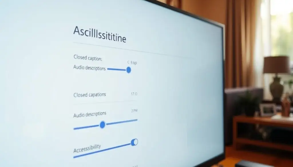 A detailed, high-resolution image of a TV settings menu displaying accessibility options. The foreground shows a clean, minimal user interface with various toggles and sliders for adjusting closed captions, audio descriptions, and other accessibility features. The background is a soft, blurred interior setting, suggesting a living room environment. The lighting is warm and natural, creating a calm, inviting atmosphere. The camera angle is slightly tilted, giving a slight perspective to the displayed menu. The overall tone is one of simplicity and intuitiveness, reflecting the ease of configuring accessibility settings on a modern television.
