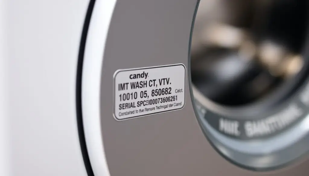 A detailed, well-lit close-up photograph of the identification plate on the side of a Candy brand washing machine. The plate displays the model name, serial number, and other technical specifications in a clear, legible font. The image is shot at a slight angle to capture the three-dimensional nature of the plate, with a shallow depth of field that keeps the details in sharp focus while subtly blurring the background. The overall tone is professional and informative, emphasizing the importance of this identification information for proper troubleshooting and maintenance of the appliance.