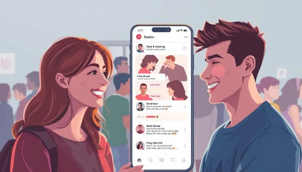 A digital illustration depicting people interacting on the Badoo dating app. In the foreground, two young adults are engaged in a friendly conversation, their expressions conveying a sense of openness and connection. The middle ground features a diverse group of users browsing profiles and exchanging messages, creating a vibrant, social atmosphere. The background showcases the Badoo app interface, with its clean, modern design and intuitive navigation elements. The lighting is soft and diffused, setting a warm, inviting tone. The composition emphasizes the idea of online social discovery, with the users' faces and interactions taking center stage. The overall mood evokes a sense of genuine human connection facilitated by the digital platform.