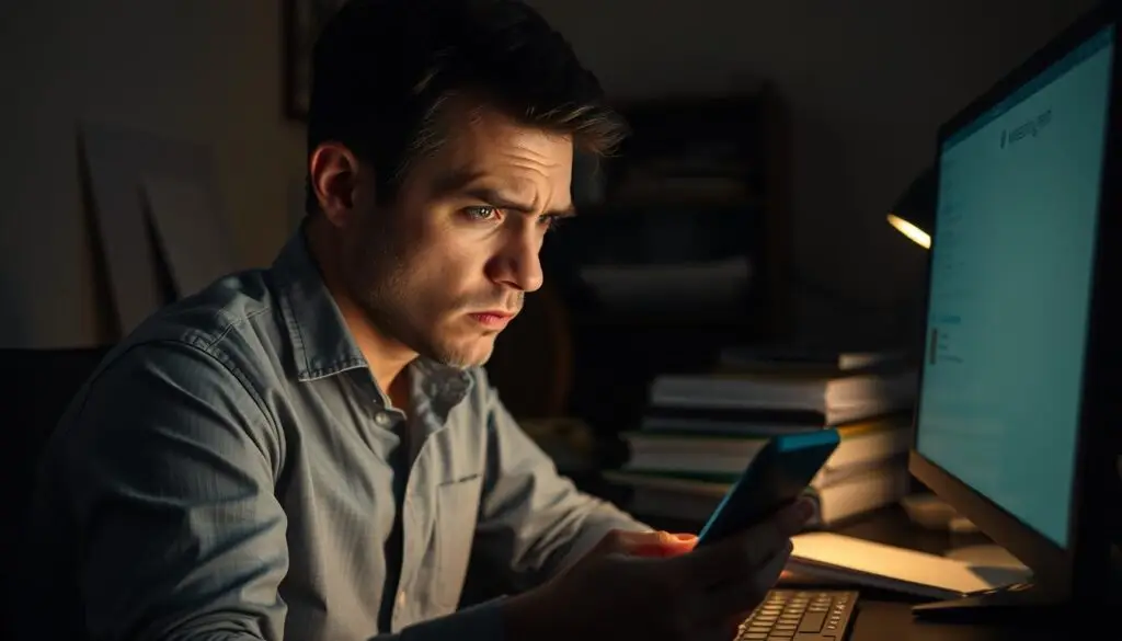 A dimly lit office scene, the soft glow of a computer screen casting shadows on a cluttered desk. An anxious individual stares intently at their Messenger app, brow furrowed, as the "message sent" icon remains stubbornly undelivered. The atmosphere is one of frustration and technological uncertainty, with a sense of disconnect between the virtual and the physical world. The room is sparsely furnished, highlighting the solitary nature of the problem, the person seemingly isolated in their efforts to troubleshoot the communication breakdown. The lighting is moody, creating a sense of tension and unease, reflecting the subject's internal state.