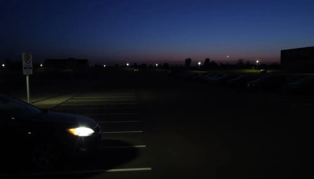 A dimly lit parking lot at dusk, with rows of neatly marked parking spaces stretching out before the viewer. In the foreground, a single car is parked, its headlights illuminating the signage indicating the parking regulations. The middle ground features a variety of vehicles, each positioned within the designated spaces, while in the background, the faint outline of a building can be seen, casting long shadows across the scene. The atmosphere is one of tranquility and order, with a sense of anticipation for the evening ahead.