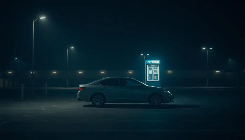 A dimly lit parking lot, the faint glow of streetlights casting long shadows. In the foreground, a sedan sits alone, its occupant contemplating the payment kiosk looming ahead. The atmosphere is one of uncertainty, the driver's gaze fixed on the imposing structure, wondering if the simple act of sitting in the vehicle will necessitate a financial obligation. Soft, diffused lighting bathes the scene, creating a pensive mood as the driver ponders the parking regulations governing this urban landscape. The image aims to capture the tension and ambiguity surrounding the question of whether one must pay for parking when merely occupying a parked car.
