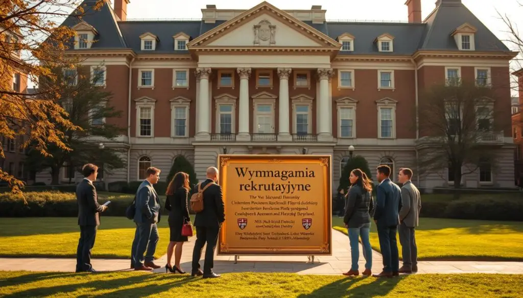 A grand, stately building with ornate architecture and manicured grounds, representing the prestige and legacy of Harvard University. In the foreground, a group of prospective students, meticulously dressed, gathered to review the recruitment requirements displayed on a large, gilded plaque. The scene is bathed in warm, golden light, conveying a sense of tradition, excellence, and the gravity of the admissions process. The composition is balanced, with the building commanding the background and the students positioned thoughtfully, capturing the essence of the "Wymagania rekrutacyjne" or recruitment requirements at this esteemed institution.
