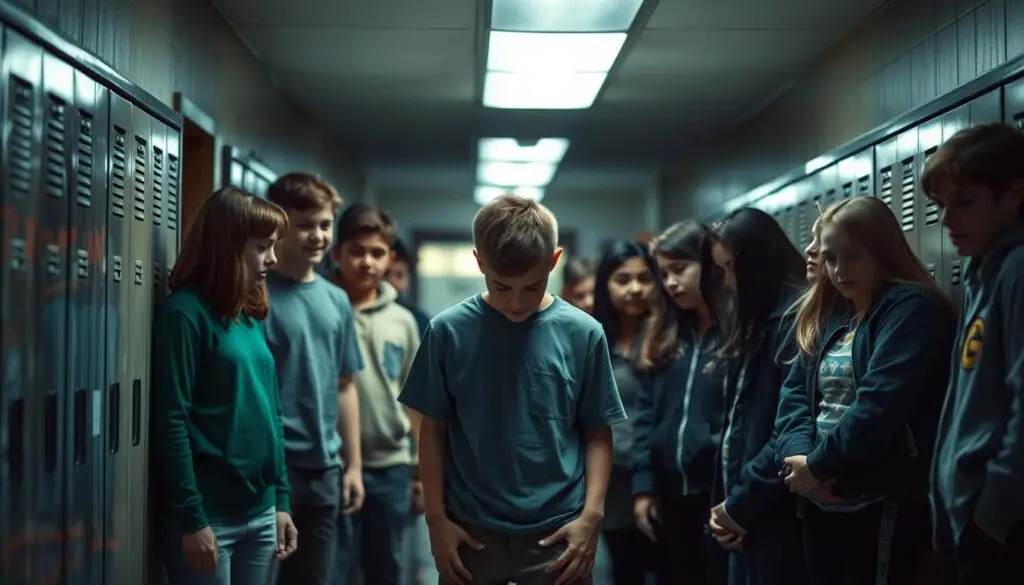 A group of students gathered in the school hallway, their faces twisted in cruel expressions as they taunt and mock a lone figure standing among them. The scene is bathed in harsh, fluorescent lighting that casts deep shadows, heightening the tension and sense of isolation. The victim's posture is hunched, their eyes downcast, conveying a palpable feeling of shame and helplessness. The background is a blurred, generic school setting, with lockers and classroom doors visible, emphasizing the familiarity and normalcy of the environment in which this abuse takes place. The overall mood is one of discomfort, vulnerability, and the painful reality of psychological bullying that can so often go unnoticed within the walls of an educational institution.