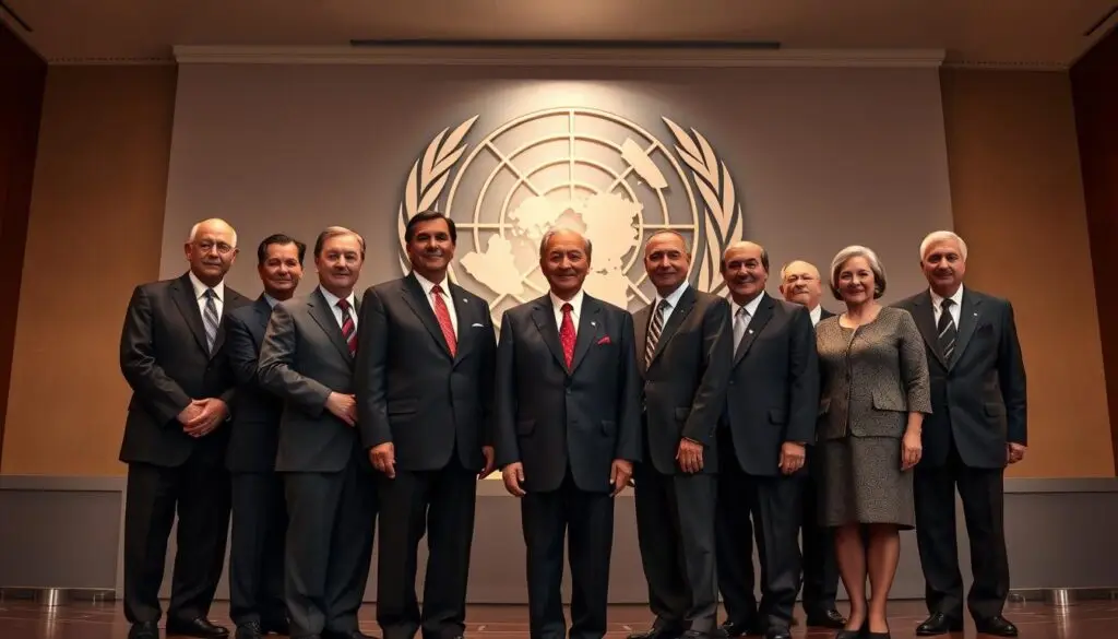 A group portrait of the past and present Secretaries-General of the United Nations, set against a majestic backdrop of the UN Headquarters in New York City. The figures stand tall and proud, their expressions reflecting the gravity and importance of their roles in global diplomacy. The lighting is soft and warm, illuminating the details of their formal attire and creating a sense of timelessness. The composition is balanced and symmetrical, with the Secretaries-General arranged in a semicircle, emphasizing their unity and collective influence. The image conveys the rich history and legacy of the UN, as well as the ongoing efforts of its leaders to promote peace, security, and cooperation on the world stage.