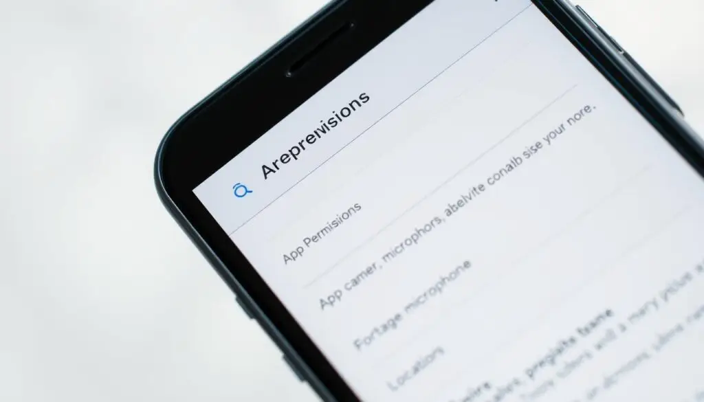 A high-angle view of a smartphone screen, displaying a permissions control panel with detailed app settings. The interface shows a clean, minimalist design with toggles, sliders, and icons representing various app permissions like camera, microphone, location, and more. The background is blurred, emphasizing the screen content. Soft, natural lighting creates depth and highlights the interface elements. The overall mood is one of control and security, conveying the ability to manage and restrict app access to sensitive device functions.