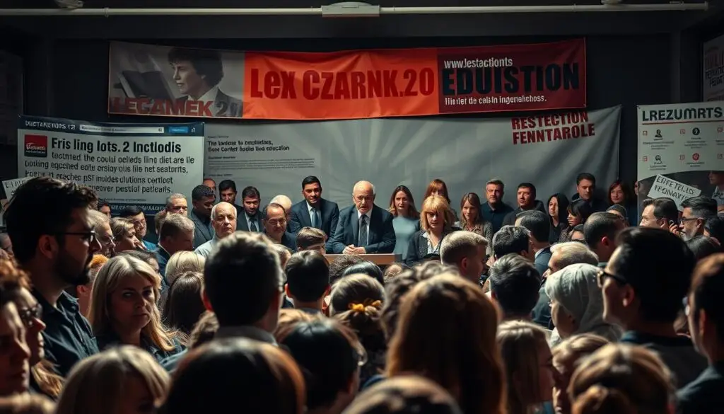 A high-contrast, cinematic scene depicting the diverse reactions of the public and experts to the Lex Czarnek 2.0 education reforms. In the foreground, a crowd of concerned citizens, teachers, and students engaged in heated discussion, their expressions ranging from distress to determination. In the middle ground, a panel of experts - academics, policy analysts, and education advocates - debating the implications of the new legislation. The background captures the wider societal context, with news headlines, social media posts, and protest banners reflecting the broad spectrum of public opinion. Dramatic lighting and a sense of charged atmosphere convey the gravity and divisiveness of the issue. A high-contrast, cinematic scene depicting the diverse reactions of the public and experts to the Lex Czarnek 2.0 education reforms. In the foreground, a crowd of concerned citizens, teachers, and students engaged in heated discussion, their expressions ranging from distress to determination. In the middle ground, a panel of experts - academics, policy analysts, and education advocates - debating the implications of the new legislation. The background captures the wider societal context, with news headlines, social media posts, and protest banners reflecting the broad spectrum of public opinion. Dramatic lighting and a sense of charged atmosphere convey the gravity and divisiveness of the issue.