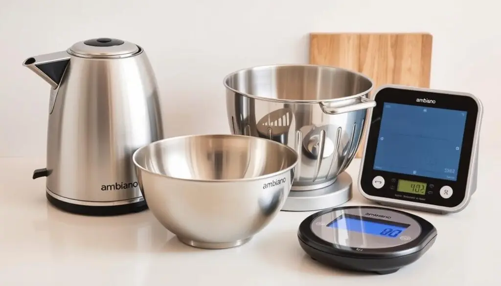 A high-quality collection of Ambiano brand products, including a sleek, modern electric kettle, a sturdy stainless steel mixing bowl, and a precision digital kitchen scale, all arranged on a clean, minimalist surface. Soft, even lighting illuminates the products, highlighting their premium materials and attention to detail. The image conveys a sense of quality, functionality, and the reliable performance one would expect from the Ambiano brand, aligning with the "Ambiano: What is this Company? ? Opinions on ALDI Products" article and the "ambiano co to za firma: Key Information" section.