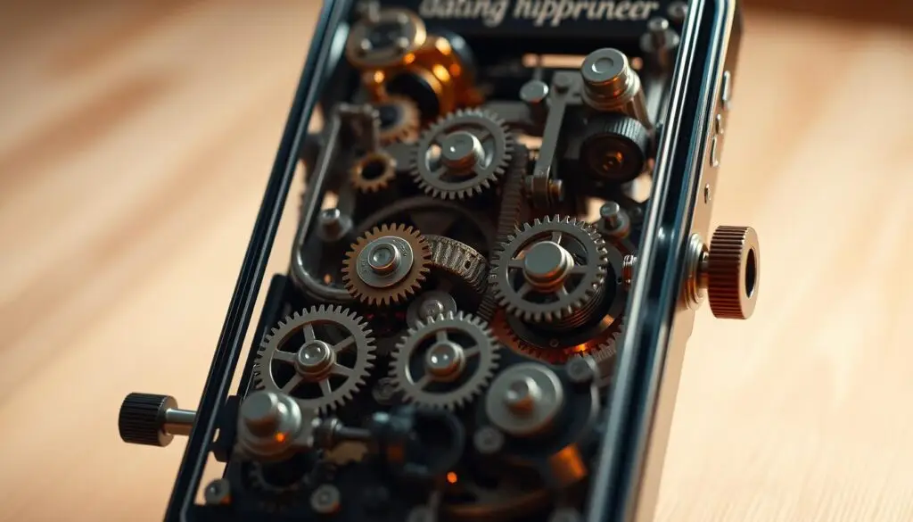 A high-resolution, detailed, and photorealistic image of a complex mechanical mechanism inside a dating app interface. The mechanism features interlocking gears, cogs, and levers that smoothly operate the user's swiping and matching actions. The device is bathed in a warm, soft lighting that highlights the precision engineering and intricate moving parts. The background is slightly blurred, putting the focus on the engaging and captivating mechanism at the heart of the dating app's functionality. The overall mood is one of technological sophistication, elegance, and seamless user experience.