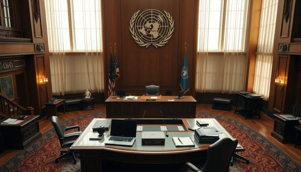 A high-resolution, photorealistic image of the United Nations Secretary-General's office, captured from an elevated angle to showcase the grandeur and significance of the position. The workspace features a large, ornate wooden desk with a sophisticated laptop, various official documents, and a nameplate that reads "Secretary-General." The room is illuminated by warm, natural lighting filtering through tall windows, highlighting the intricate architectural details and the subtle, dignified decor. The background subtly blends elements of the UN headquarters, suggesting the global scope and responsibilities of the office. The overall atmosphere conveys a sense of professionalism, authority, and the gravity of the Secretary-General's role in international affairs.