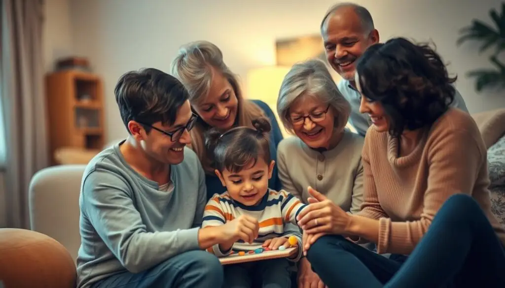 A loving family gathered around a child with special needs, gently guiding them through the learning process. The scene is bathed in warm, soft lighting, creating an atmosphere of patience and understanding. In the foreground, a parent sits beside the child, patiently explaining a concept using tactile learning aids. In the middle ground, siblings and grandparents offer encouragement and support, their expressions filled with compassion. The background is a cozy, inviting home environment, suggesting a safe and nurturing space for the child to thrive. The overall mood is one of unwavering support, where the family works together to empower the child's educational journey.
