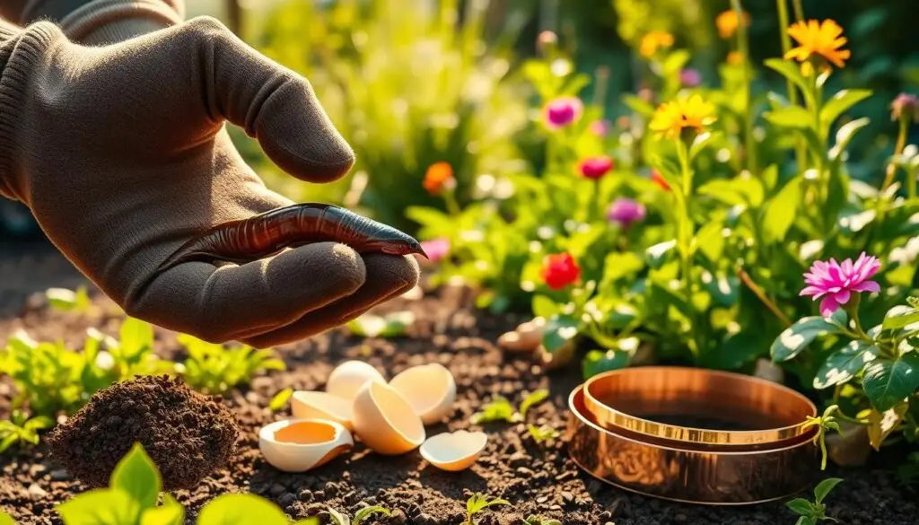 A lush garden scene, with a focus on effective techniques for controlling naked slugs. In the foreground, a gardener's gloved hands gently pick up a slug, examining it closely. In the middle ground, various natural slug deterrents are displayed - coffee grounds, eggshells, and copper tape lining the garden beds. The background features a vibrant, verdant landscape, with healthy plants and flowers thriving. Warm, natural lighting illuminates the scene, creating a serene and informative atmosphere. The composition emphasizes the practical, hands-on approach to managing this common garden pest in an environmentally friendly manner.