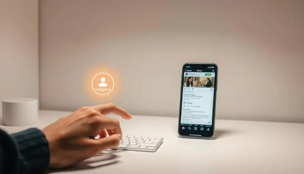 A minimalist desktop workspace with a clean, uncluttered aesthetic. In the foreground, a hand delicately touches an Instagram profile, with a glowing "Highlighted Relationship" icon appearing above it. The middle ground features a smartphone displaying the process of creating a highlighted relationship, step-by-step. The background is a soft, muted gradient, creating a sense of focus and simplicity. Gentle lighting from above casts a warm, subtle glow over the entire scene. The overall mood is one of calm, deliberation, and a step-by-step approach to cultivating meaningful connections on social media.