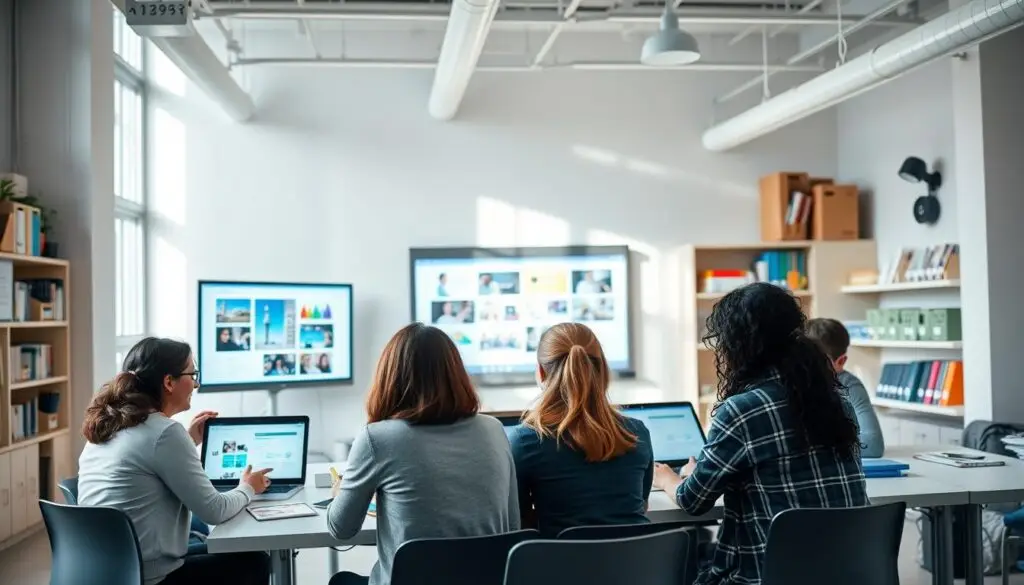 A modern, airy classroom filled with diverse educators collaborating on digital tools. In the foreground, a group of teachers sit around a table, intently discussing on-screen presentations. The middle ground features a large, interactive whiteboard displaying visual learning materials. Soft, natural lighting floods the space, creating a warm, inviting atmosphere. In the background, shelves of educational resources and technology supplies suggest a well-equipped, tech-savvy environment. The overall scene conveys a sense of exploration, knowledge-sharing, and professional development around the integration of digital competencies in teaching.