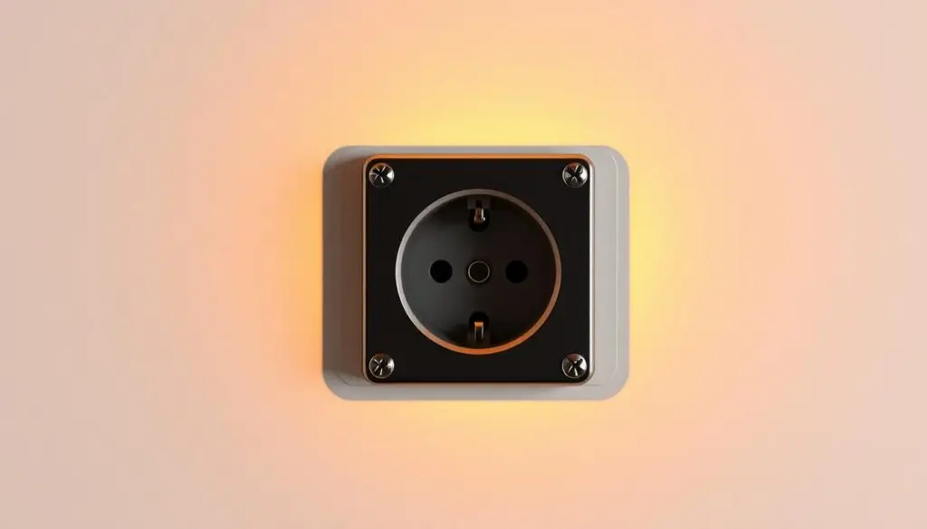 A modern, industrial-style electrical outlet with a power socket and 5 prongs against a clean, minimalist backdrop. The outlet is mounted on a sleek, metallic wall panel, casting warm, directional lighting that highlights its intricate design. The scene conveys a sense of technical sophistication and attention to detail, showcasing the evolution of power distribution systems.
