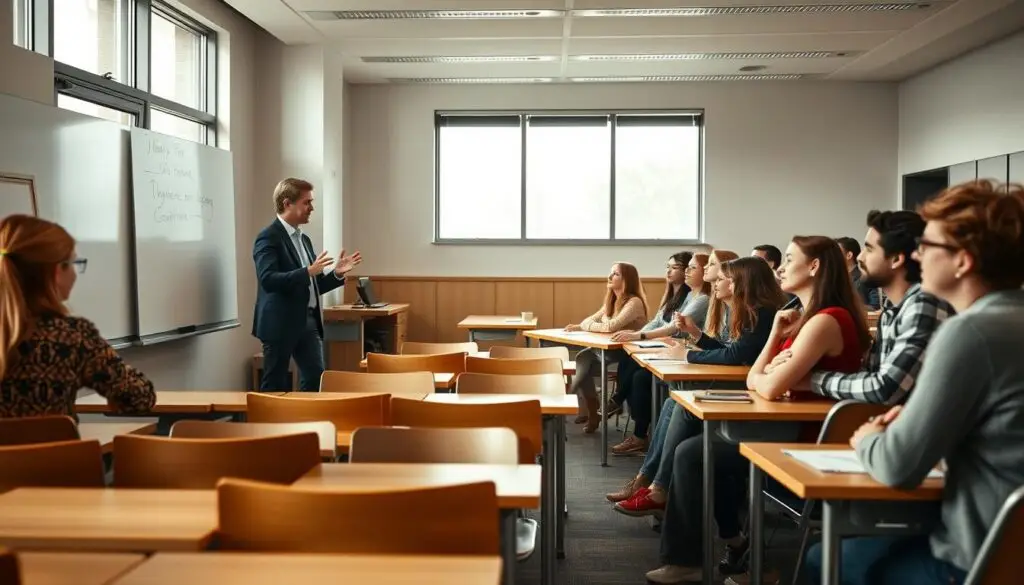 A modern university classroom, with rows of desks and chairs arranged in a semicircle. At the front, a confident lecturer stands beside a whiteboard, engaged in a dynamic discussion with a diverse group of attentive students. Soft, natural lighting filters through large windows, creating a warm, scholarly atmosphere. The lecturer's gestures and facial expressions convey expertise and enthusiasm, guiding the students through the nuances of the English language. The students, a mix of ages and backgrounds, lean forward with pens in hand, deeply immersed in the lesson. The overall scene reflects the intellectual rigor and interactive nature of a university English language tutorial.