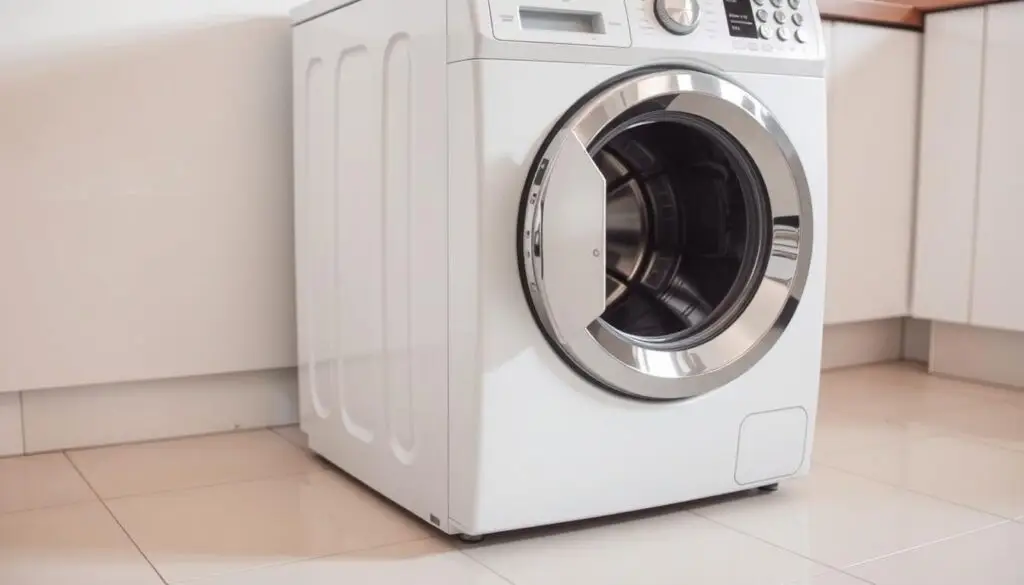 A modern washing machine standing on a tiled floor, with its control panel and door prominently displayed. The machine is shown in a bright, well-lit environment, captured from a slightly elevated angle to emphasize its functional design. The image has a clean, minimalist aesthetic, with the machine's sleek, white exterior and chrome accents creating a sense of efficiency and technological sophistication. The overall mood is one of calm, order, and attention to detail, reflecting the idea of a straightforward reset process for the appliance.