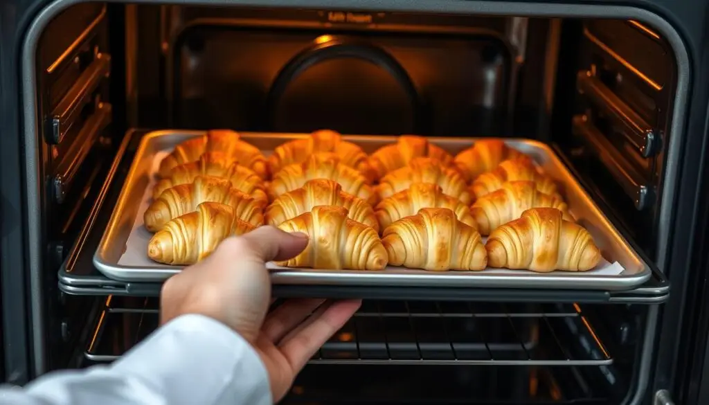 A neatly arranged tray of golden-brown croissants, known as "dewolajes," rests on the center rack of a sleek, modern oven. Warm, diffused lighting from above casts a soft, inviting glow, highlighting the flaky, buttery texture of the pastries. The oven interior is visible, showcasing the convection heating elements that evenly distribute heat, ensuring the dewolajes are baked to perfection. In the foreground, a chef's hand delicately places the tray into the oven, their movements precise and practiced. The overall scene conveys a sense of culinary expertise and the mouthwatering anticipation of enjoying freshly baked, crisp and tender dewolajes.