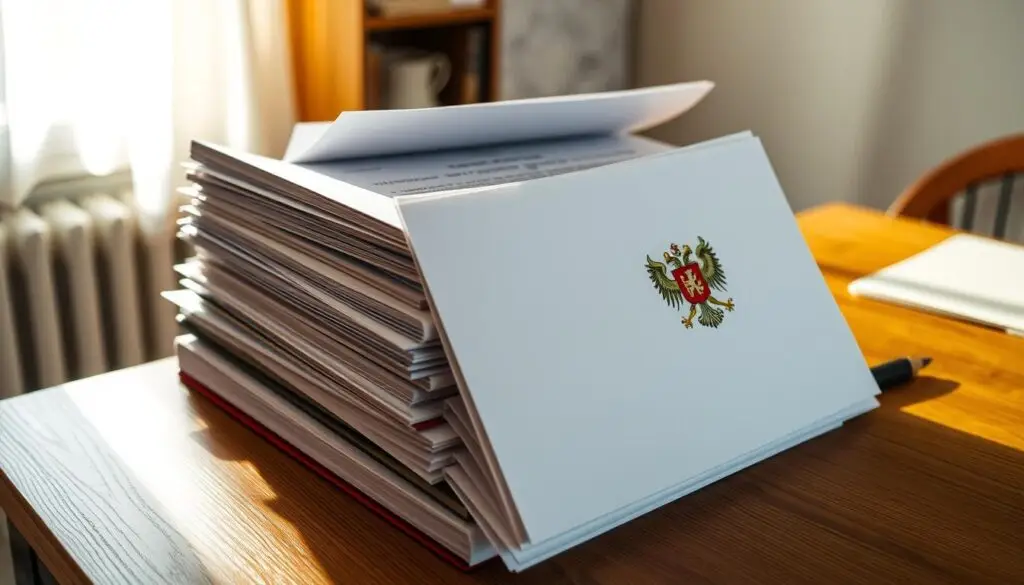 A neatly organized stack of official-looking documents, including forms, certificates, and regulations, sits atop a wooden desk in a softly lit home office. The documents feature the Polish national emblem, signifying their legal and educational significance. Subtle shadows and highlights accentuate the textures and details, creating a sense of authenticity and professionalism. The overall scene conveys a calm, authoritative atmosphere, hinting at the careful attention to legal and administrative procedures that characterize the homeschooling examination process.
