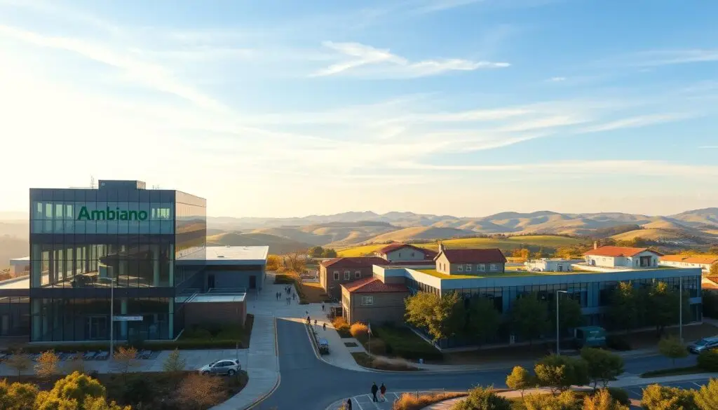 A panoramic view of a corporate office campus, showcasing the evolution of the Ambiano brand over time. In the foreground, a modern, minimalist glass-and-steel building with the Ambiano logo prominently displayed. In the middle ground, a series of older, more traditional structures representing the company's humble beginnings, with employees bustling about. The background features a picturesque landscape, with rolling hills and a vibrant blue sky, conveying a sense of growth, prosperity, and a bright future. The scene is bathed in warm, golden lighting, creating a welcoming, aspirational atmosphere. The overall impression is one of a successful, innovative company that has carefully nurtured its legacy while adapting to the changing times.