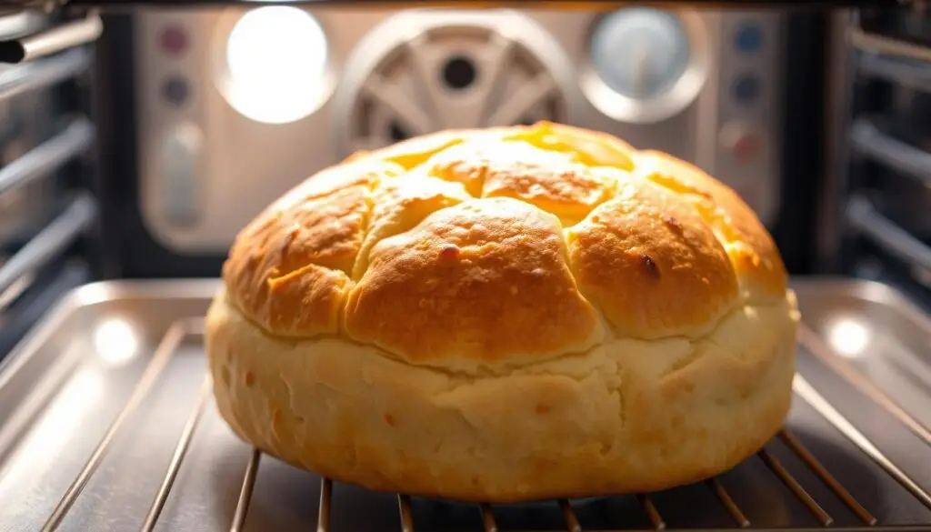 A perfectly golden-brown baked goods, fresh from a modern electric oven, sitting atop a sleek steel baking tray. The crust is crisp and flaky, while the interior is moist and tender. Precise temperature controls ensure the ideal environment for the dough to rise and develop its signature flavor and texture. Soft, diffused lighting from above accentuates the appetizing sheen of the surface. The scene exudes an atmosphere of culinary mastery and the pursuit of gastronomic perfection.