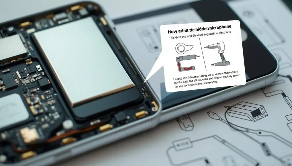 A professional-looking technical manual with detailed schematics and illustrations demonstrating how to deactivate a hidden microphone in a smartphone. The image should feature a closeup of a smartphone's internal components, with various circuit boards, wires, and components clearly visible. The lighting should be bright and evenly distributed, with a slightly technical, industrial aesthetic. The focal point should be a highlighted section depicting the steps required to locate and disable the microphone, using tools and techniques appropriate for an electronics repair guide.