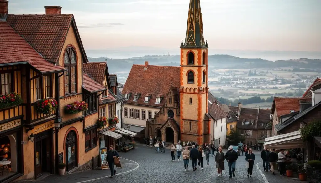 A serene Sunday morning in a quaint European town. In the foreground, a cozy church with a towering steeple stands as the centerpiece, its stained glass windows casting a warm, ethereal glow. Around it, cobblestone streets are lined with charming buildings, their facades adorned with intricate architectural details and hanging flower baskets. In the middle ground, a small square bustles with people strolling leisurely, stopping to chat or window-shop at local cafes and boutiques. The background is filled with rolling hills and a distant horizon, hinting at the picturesque countryside beyond. The overall scene conveys a sense of timeless tradition, a tranquil moment in the cultural and religious rhythm of Sunday. A serene Sunday morning in a quaint European town. In the foreground, a cozy church with a towering steeple stands as the centerpiece, its stained glass windows casting a warm, ethereal glow. Around it, cobblestone streets are lined with charming buildings, their facades adorned with intricate architectural details and hanging flower baskets. In the middle ground, a small square bustles with people strolling leisurely, stopping to chat or window-shop at local cafes and boutiques. The background is filled with rolling hills and a distant horizon, hinting at the picturesque countryside beyond. The overall scene conveys a sense of timeless tradition, a tranquil moment in the cultural and religious rhythm of Sunday.