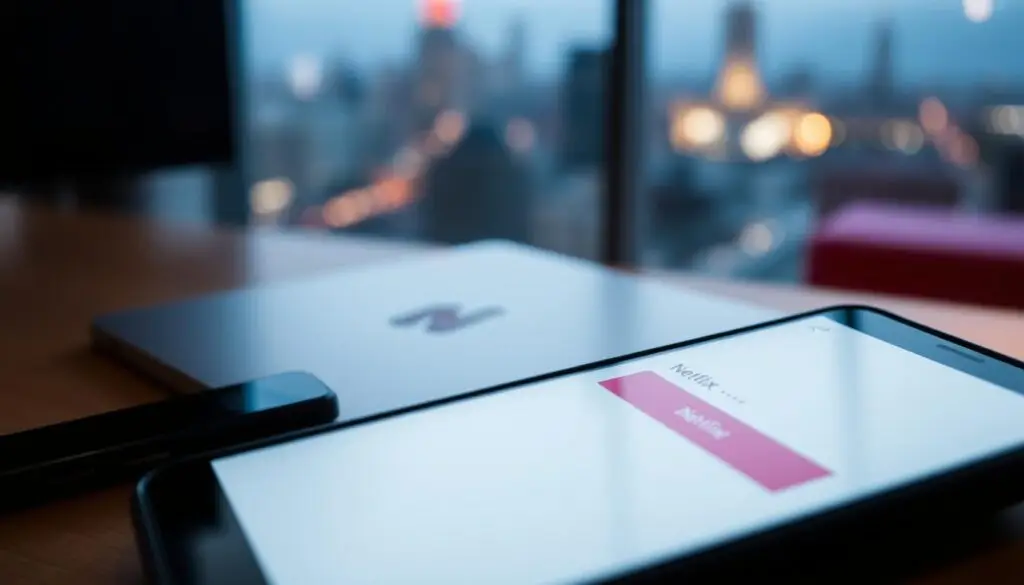 A sleek, minimalist interface with a Netflix logo prominently displayed. In the foreground, a smartphone screen shows a password input field, hinting at the process of managing a Netflix account. The background is a blurred, out-of-focus cityscape, conveying a sense of modern, connected living. Soft, warm lighting illuminates the scene, creating a inviting, user-friendly atmosphere. The composition emphasizes the centrality of password management in the Netflix user experience, suggesting the importance of this topic within the article's scope.