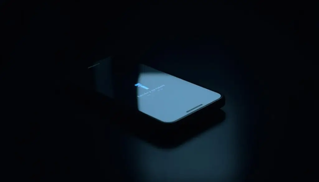 A smartphone resting on a dark, glossy surface, its screen dimly lit, revealing a pulsing notification or indicator - a visual representation of the unseen threat of surveillance and eavesdropping. The device's outline is sharp and detailed, capturing the modern, sleek design, yet an ominous shadow or glitch-like effect subtly suggests the presence of a hidden vulnerability. The background is muted, with a sense of unease and uncertainty, emphasizing the focus on the smartphone as the central subject. Soft, directional lighting casts subtle shadows, adding depth and a sense of mystery to the scene, hinting at the complex issue of smartphone security and privacy.