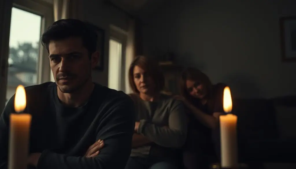 A somber Sunday scene, the gentle light of a setting sun casting soft shadows across a quiet household. A family gathers, expressions etched with contemplation and solemnity, as they navigate the psychological complexities of loss. In the foreground, a single candle flickers, its warm glow a subtle symbol of the enduring spirit. The middle ground reveals a serene tableau - loved ones embracing, faces conveying the weight of their emotions. The background fades into a muted palette, hinting at the ephemeral nature of life and the profound impact of death's visitation on a Sunday. Capture the pensive, reverent atmosphere with a cinematic 35mm lens, using gentle lighting and a shallow depth of field to focus the viewer's gaze on the nuanced human experience. A somber Sunday scene, the gentle light of a setting sun casting soft shadows across a quiet household. A family gathers, expressions etched with contemplation and solemnity, as they navigate the psychological complexities of loss. In the foreground, a single candle flickers, its warm glow a subtle symbol of the enduring spirit. The middle ground reveals a serene tableau - loved ones embracing, faces conveying the weight of their emotions. The background fades into a muted palette, hinting at the ephemeral nature of life and the profound impact of death's visitation on a Sunday. Capture the pensive, reverent atmosphere with a cinematic 35mm lens, using gentle lighting and a shallow depth of field to focus the viewer's gaze on the nuanced human experience.