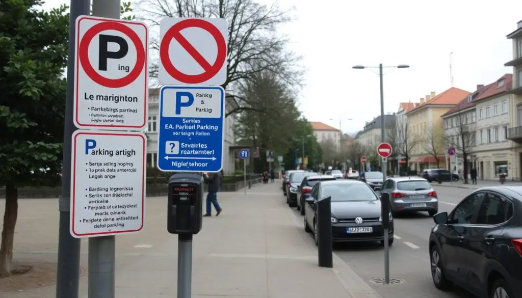 A street scene depicting local parking regulations in Poland. In the foreground, a series of parking signs and meters detailing the rules and fees for parking in the area. In the middle ground, cars parked along the curb, some with active parking meters. The background shows a typical Polish city street, with buildings, trees, and pedestrians going about their day. The lighting is natural, with a slightly overcast sky creating soft, even illumination. The overall tone is informative and practical, conveying the practical aspects of navigating local parking policies.