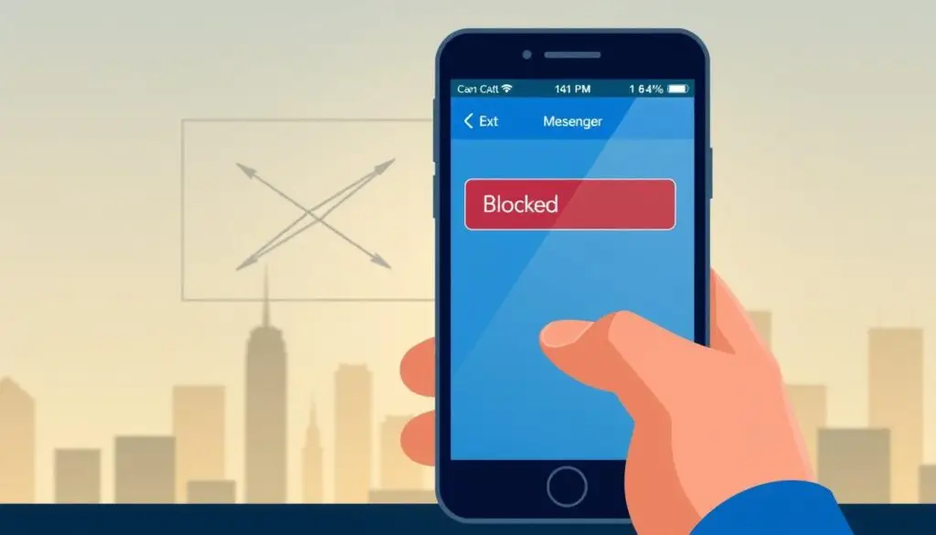 A stylized digital illustration depicting the process of checking for a block on Messenger. In the foreground, a smartphone screen displays the Messenger app interface, with a prominent "Blocked" indicator. The user's hand is visible, gesturing towards the screen. In the middle ground, a schematic diagram illustrates the concept of a block, with intersecting lines and arrows. The background is a muted, minimalist cityscape, suggesting the digital and urban context. The lighting is soft, with a warm, slightly desaturated color palette, creating a thoughtful, introspective mood. The overall composition conveys the idea of investigating and understanding the status of a block on the popular messaging platform.