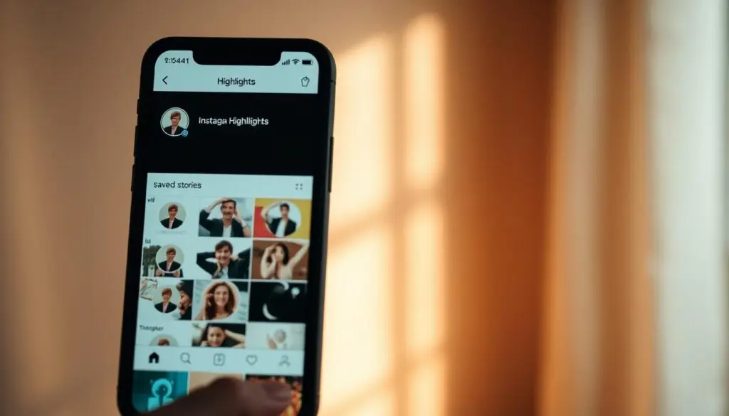 A visually striking Instagram "Highlights" interface, featuring a clean and minimalist design. In the foreground, a smartphone display showcases a grid of circular profile images, representing different "Highlights" or saved stories. The middle ground depicts a soft, blurred background with a warm, natural lighting, suggesting a cozy, intimate atmosphere. The background is subtly textured, with hints of depth and materiality to create a sense of depth and dimension. The overall mood is one of simplicity, elegance, and a focus on the curated visual storytelling aspect of Instagram's "Highlights" feature.