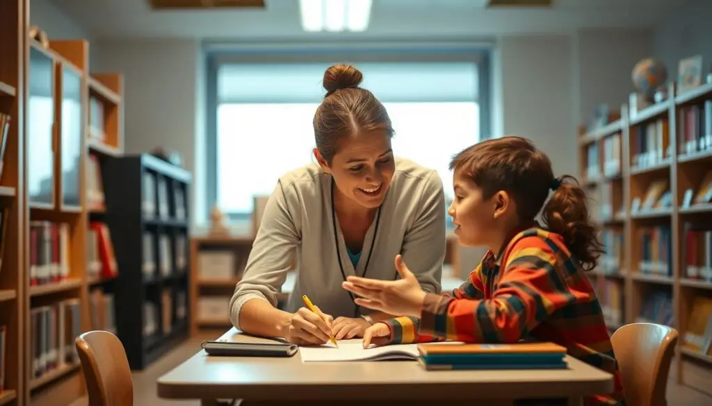 A well-lit classroom, with a teacher and a student with autism collaborating at a desk. The teacher is leaning in, making eye contact and using gestures to explain a concept. The student is attentive, with a focused expression, engaged in the lesson. Bookshelves and educational materials line the walls, creating an atmosphere of learning and support. Soft, warm lighting illuminates the scene, conveying a sense of care and understanding. The composition highlights the importance of the teacher-student partnership, emphasizing the need for open communication and tailored approaches when working with children on the autism spectrum.