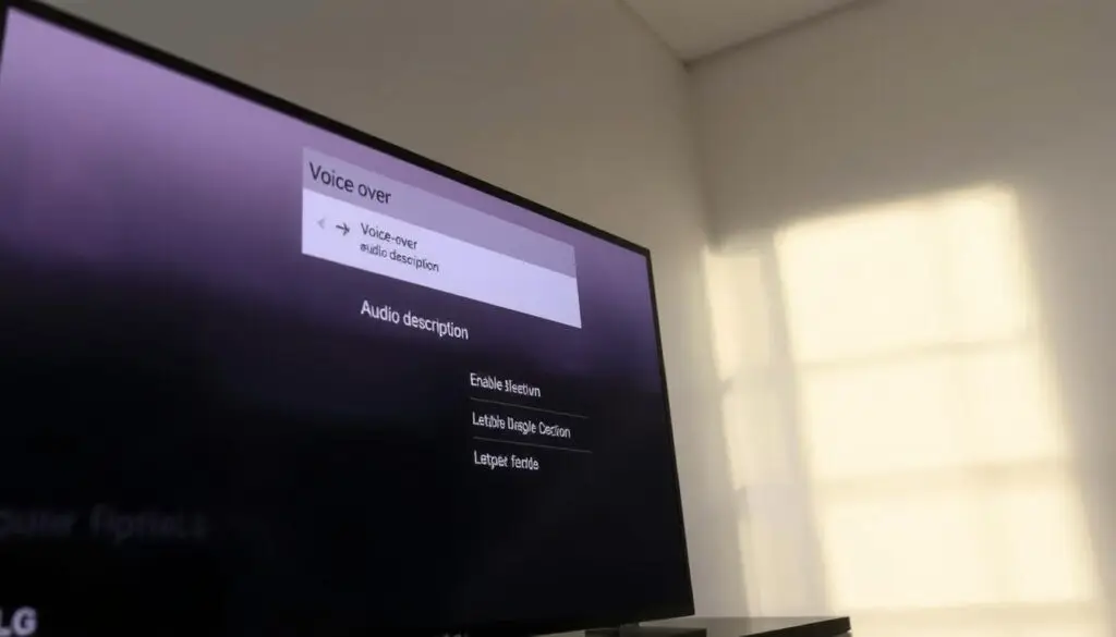 A well-lit, high-resolution digital illustration of a modern LG television set displaying the on-screen accessibility features, with a focus on the voice-over or audio description functionality. The television screen shows a clear, crisp interface showcasing the relevant menu options and settings for enabling or disabling the "lektora" or voice-over feature. The background is a neutral, minimalist setting that allows the television and its user-friendly design to be the central focus of the image. The overall tone is informative and educational, reflecting the instructional nature of the article section.