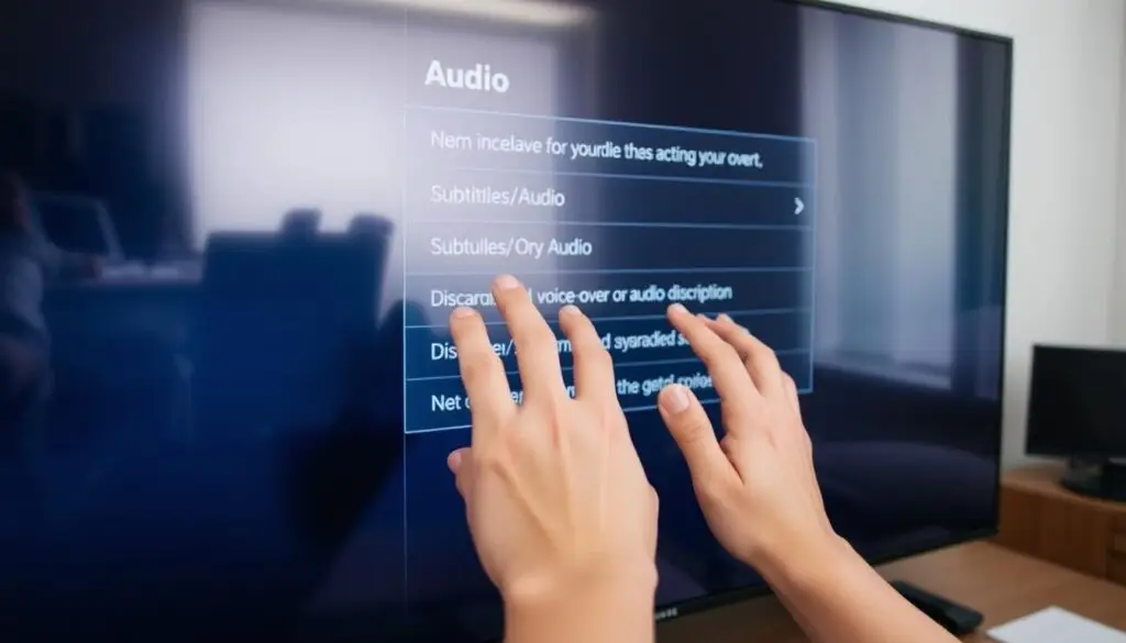 A well-lit, high-resolution image of a person's hands navigating through the on-screen menu of a Samsung television, focused on the "Audio" or "Sound" settings. The menu interface should be clearly visible, with the "Subtitles/Audio" or "Audio Language" options prominently displayed. The hands should be shown in a natural, interactive manner, guiding the user through the step-by-step process of disabling the voice-over or audio description feature. The background should be a clean, neutral setting, allowing the television screen and user interaction to be the central focus of the image.