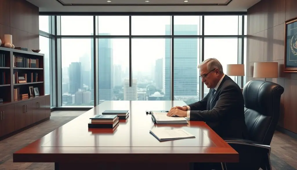 A well-lit, high-resolution photograph of the general secretary of the United Nations, seated at a large wooden desk in a spacious, modern office. The secretary is dressed in a crisp, tailored suit, focused intently on a stack of documents and a laptop, conveying a sense of authority and diligence. The office features floor-to-ceiling windows overlooking a cityscape, with a bookshelf and diplomatic artifacts in the background, suggesting the secretary's role in international affairs. The lighting is warm and professional, creating a sense of gravitas and importance befitting the position. The overall scene captures the weighty responsibilities and global influence of the UN general secretary.