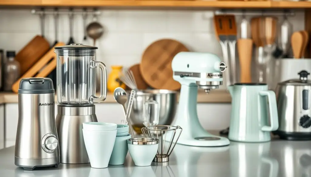 A well-lit kitchen countertop showcasing an assortment of Ambiano kitchen appliances and tools. In the foreground, a sleek stainless steel Ambiano blender, a satin-finished Ambiano coffee maker, and a set of Ambiano measuring cups. In the middle ground, an Ambiano stand mixer in a soft pastel hue, surrounded by various Ambiano utensils like a whisk, spatula, and ladle. In the background, glimpses of other Ambiano products like a toaster, food processor, and electric kettle, all arranged in a harmonious, artful display that captures the versatility and quality of the Ambiano brand.