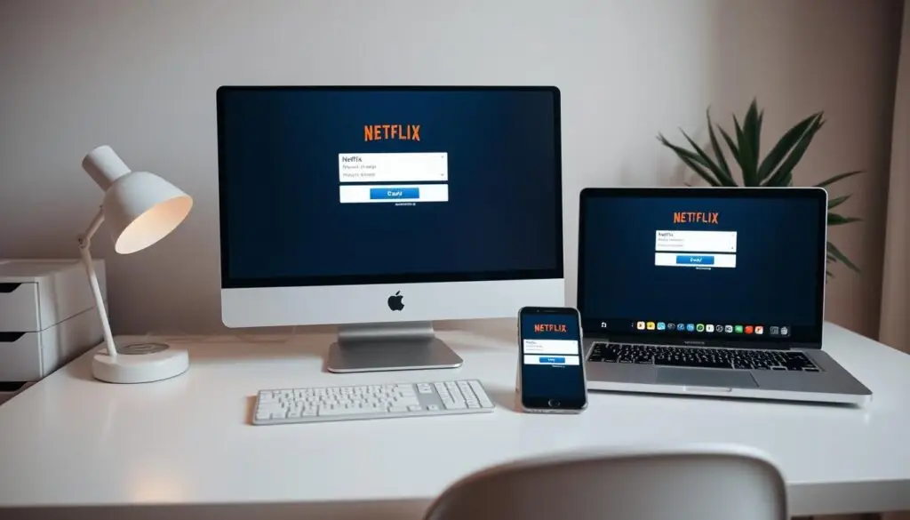 A well-lit, modern home office with a desktop computer, laptop, and smartphone arranged on a clean, minimalist desk. The various device screens display the Netflix login screen, showcasing the process of verifying the password across different devices. Soft, diffused lighting creates a warm, inviting atmosphere, highlighting the intuitive and seamless nature of cross-device Netflix account management. The scene conveys the convenience and accessibility of checking your Netflix password on a range of devices, from the comfort of a productive, professional workspace.