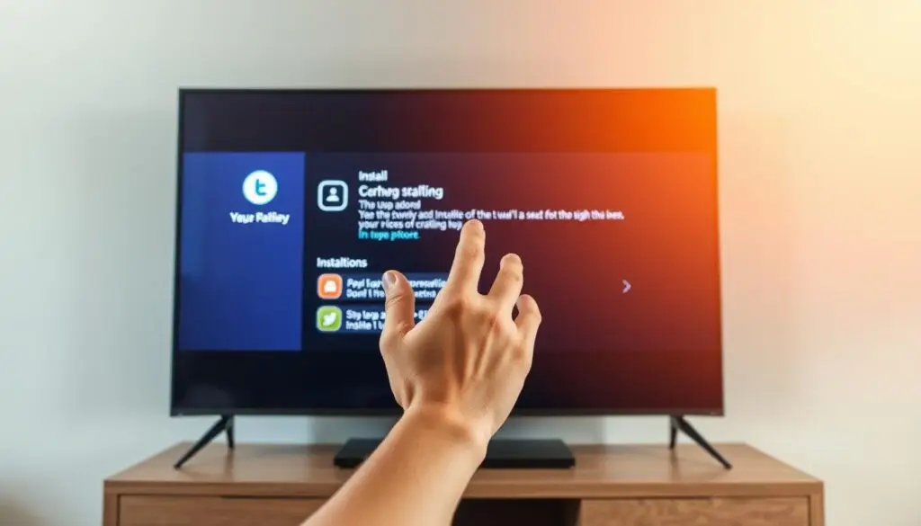 A well-lit, step-by-step guide for installing a mobile application, depicted on a TV screen with a clean, modern interface. The foreground shows a hand delicately interacting with the TV screen, guiding the user through the installation process. The middle ground features the TV display showcasing the application's user interface, with clear icons and intuitive navigation elements. The background has a soft, minimalist design, creating a serene and inviting atmosphere, conducive to learning and understanding the installation procedure. Warm lighting from the top-left casts a gentle glow, emphasizing the simplicity and approachability of the task at hand.