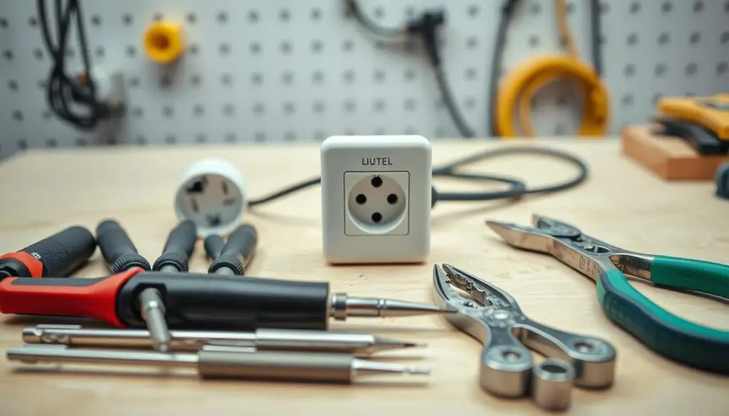 A well-organized workbench with a selection of essential tools for electrical wiring installation. In the foreground, a set of precision screwdrivers, wire strippers, and pliers are neatly arranged. The middle ground features a 5-prong electrical socket and a 4-core power cable, highlighting the specific components to be connected. The background showcases a clean, evenly lit workshop environment, conveying a sense of professionalism and attention to detail. The lighting is soft and diffused, creating clear shadows that emphasize the textures and shapes of the tools. The composition is balanced, drawing the viewer's eye to the key elements required for the installation process.